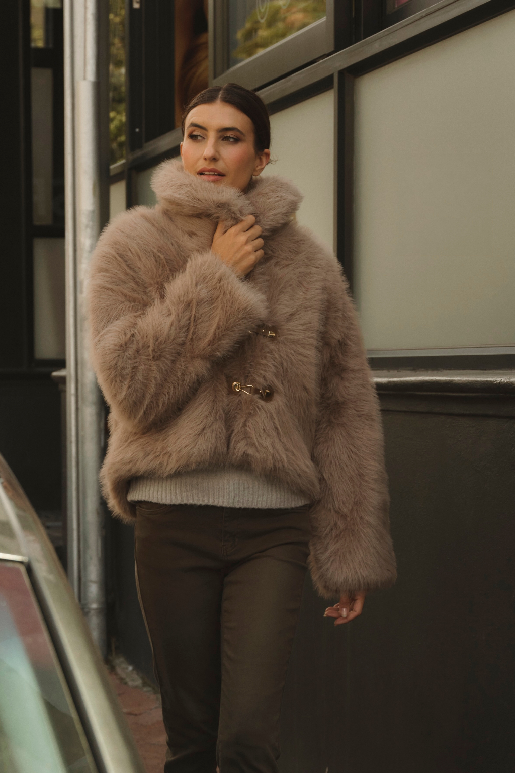 Mocha Toggle Faux Fur Jacket