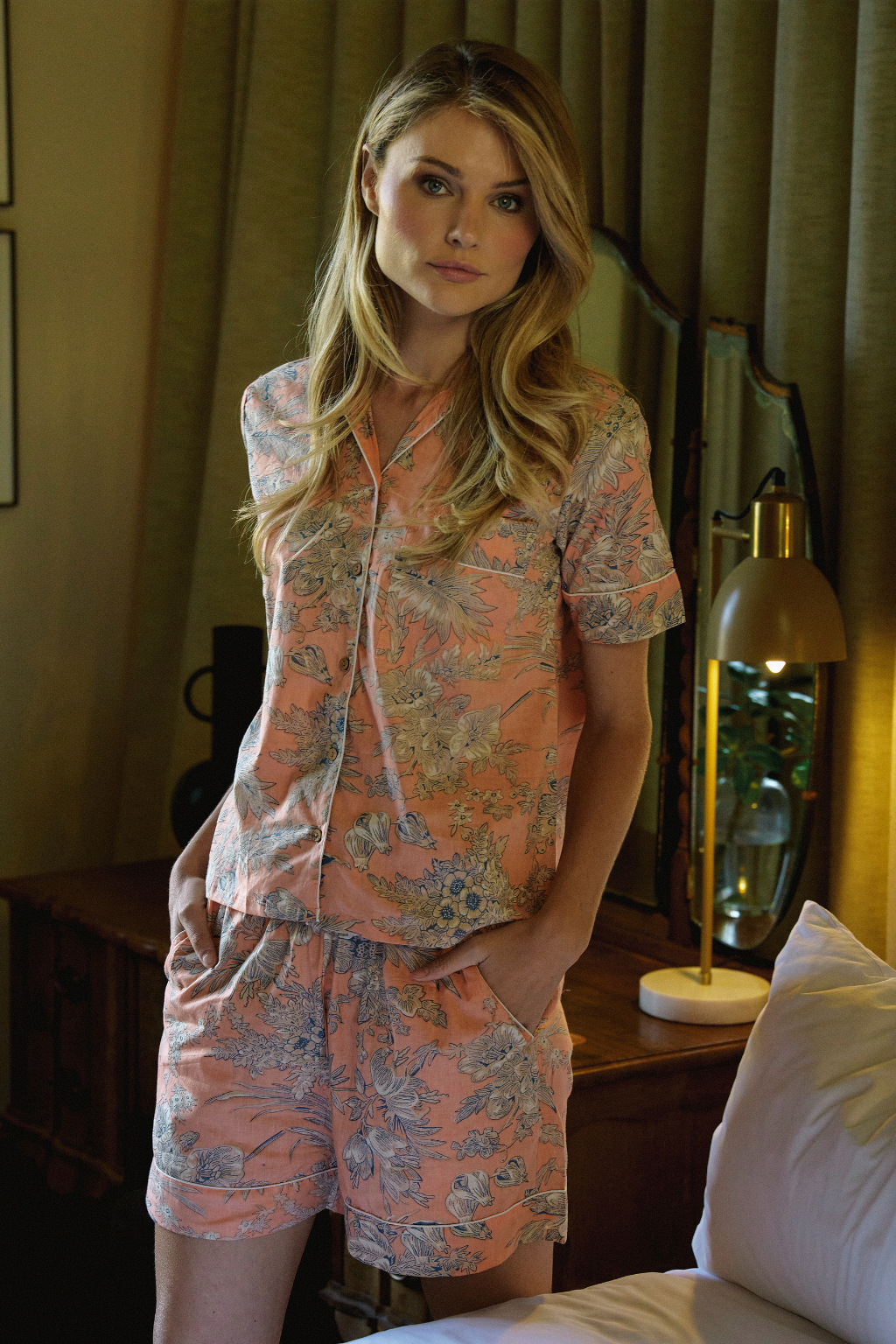 Peach and Taupe Floral Cotton Shorty PJ In Bag