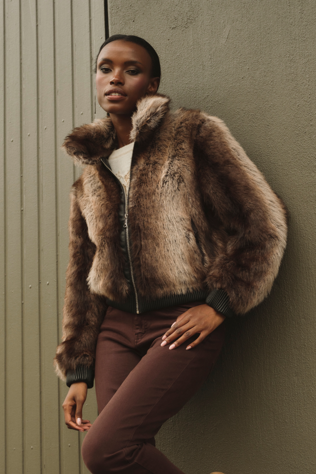 Chocolate Biker Faux Fur Jacket