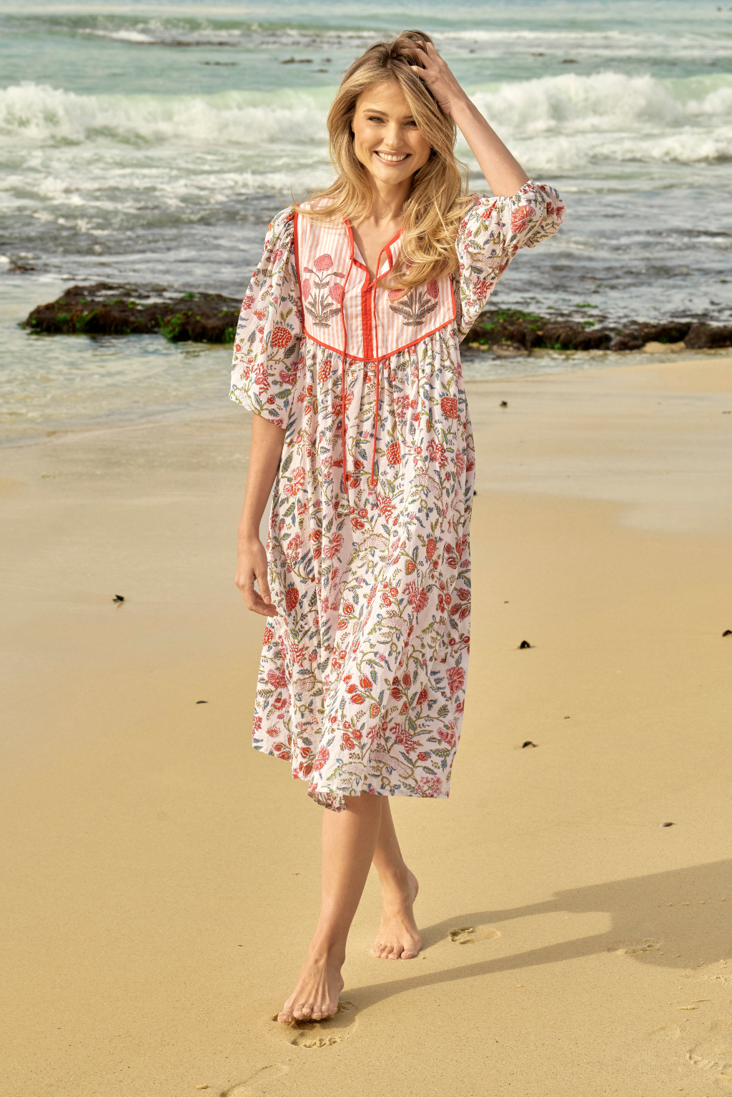 Coral Stripe and Floral Print Cotton Boho Dress