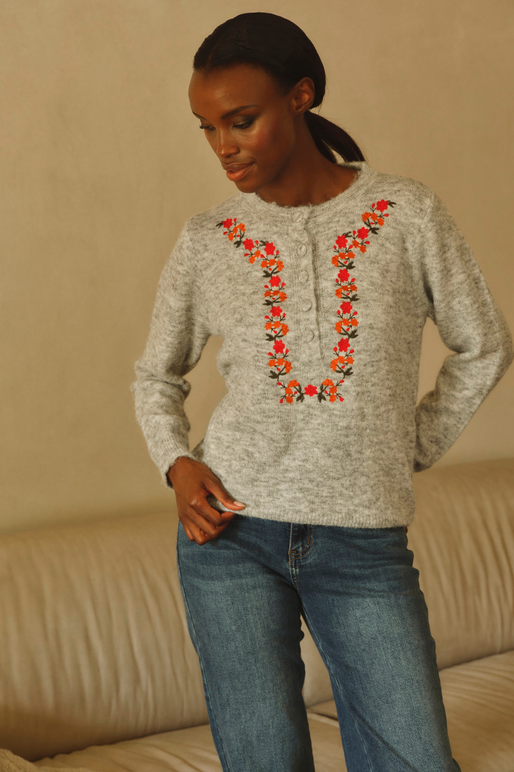 Grey Floral Button Jumper