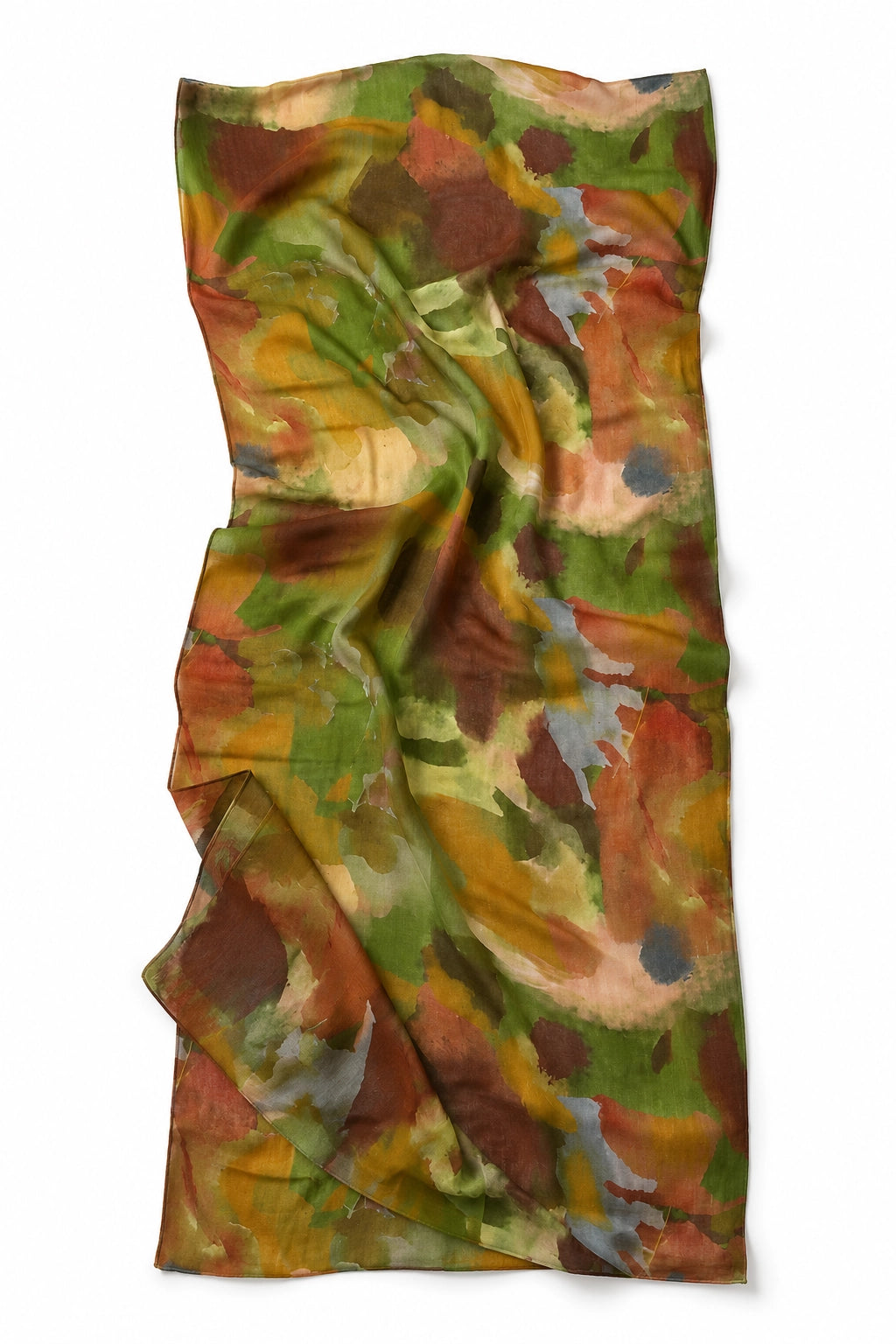 A lightweight scarf with an abstract watercolor pattern in earthy tones of green, brown, orange, and beige, draped on a white background.