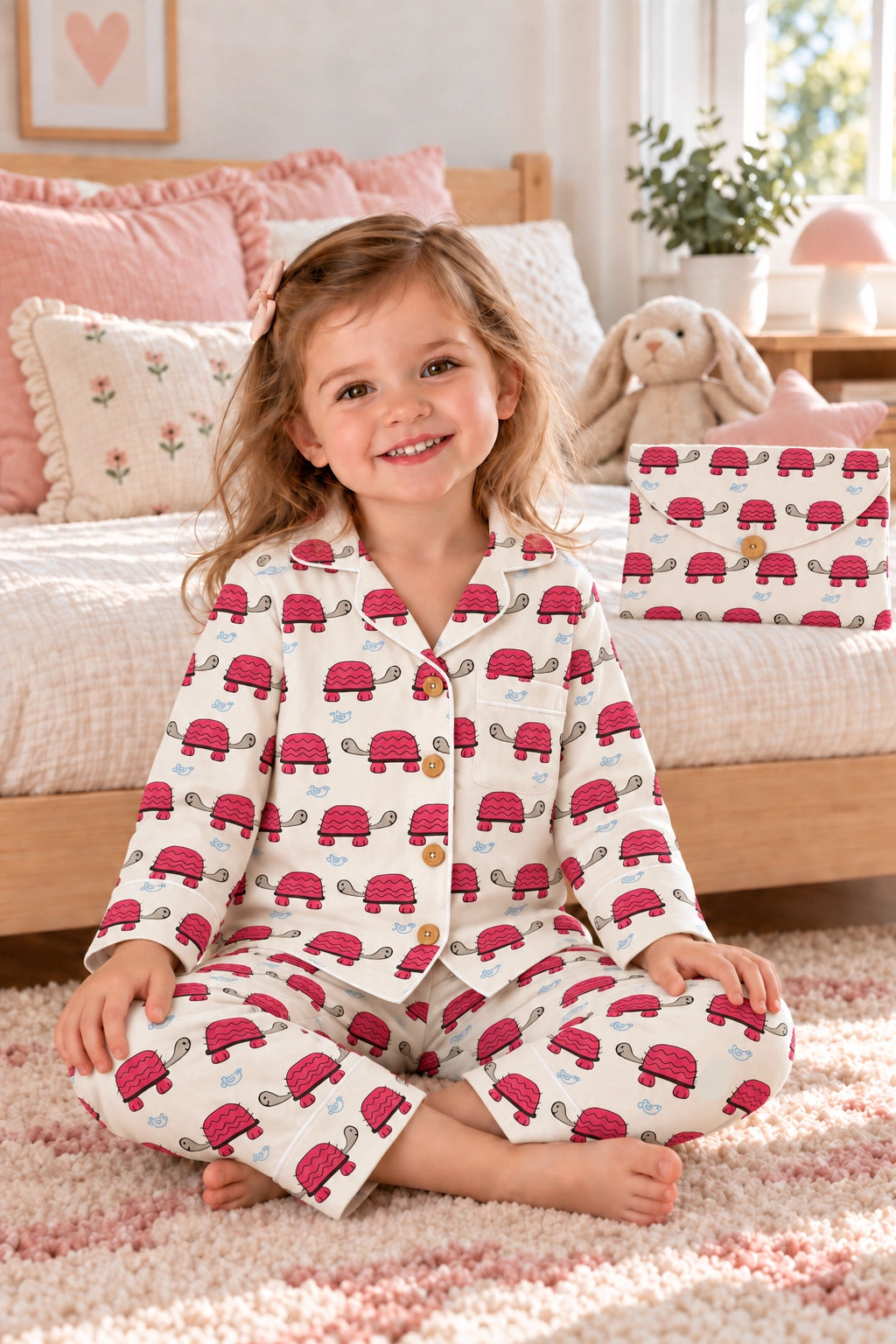 A young girl with blonde hair sits cross-legged on a fluffy pink rug in a bedroom, wearing a matching pajama set with a pink elephant print. A matching gift box is placed beside her on the bed.