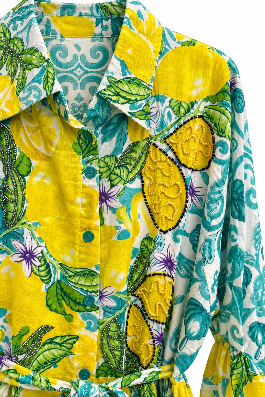 Aqua Lemon Print Cotton Dress