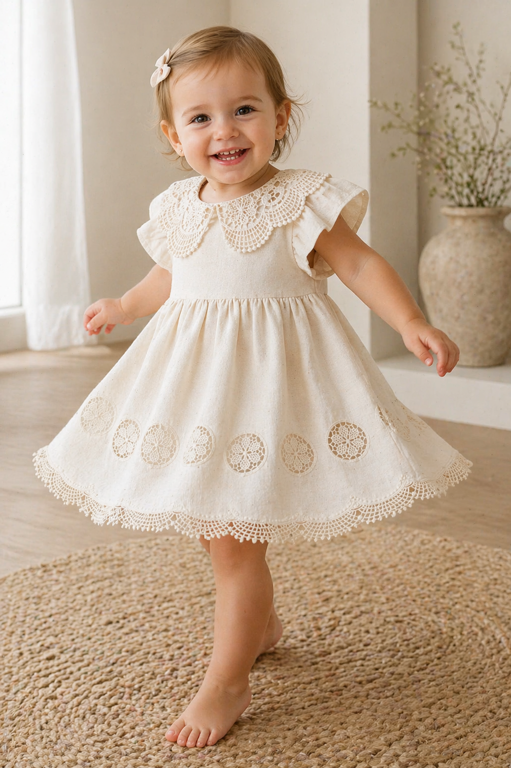 Child wearing a white dress with lace details standing on a textured rug.
