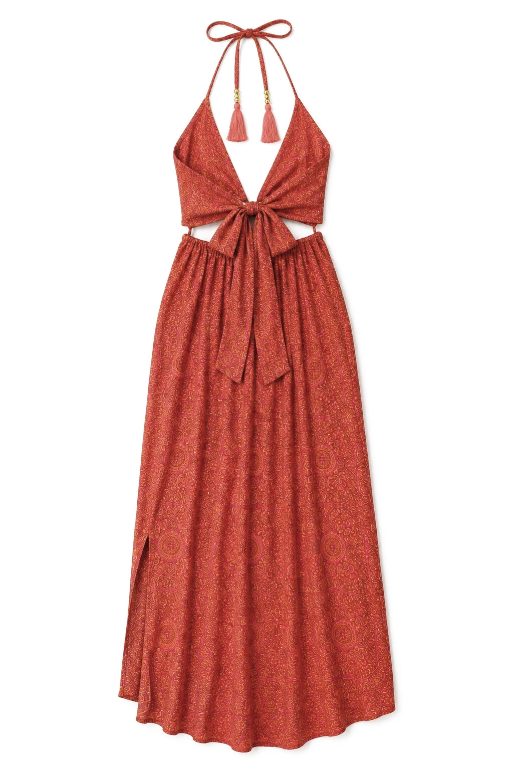 A rust-orange halter maxi dress with a textured pattern, featuring a tie-front waist cutout and tassel details, shown against a plain white background.