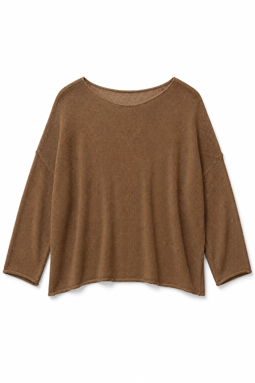 A brown long-sleeve knit top with a wide boat neckline, laid flat against a white background.