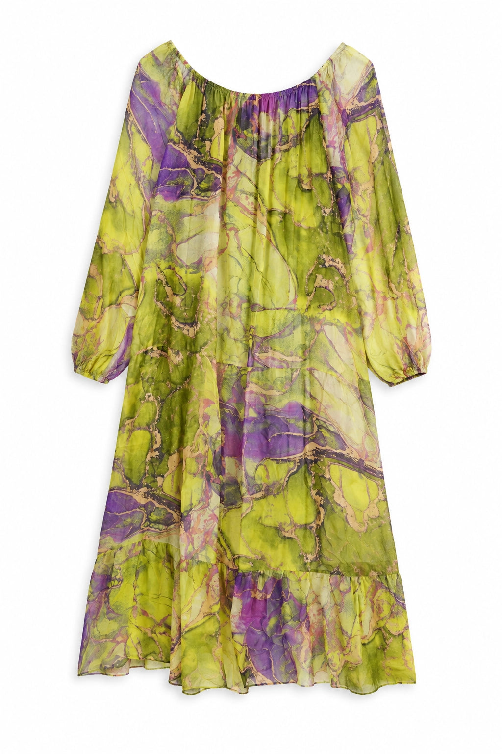 A long-sleeved, off-the-shoulder midi dress featuring an abstract lime green and purple marble print, displayed against a solid white background.
