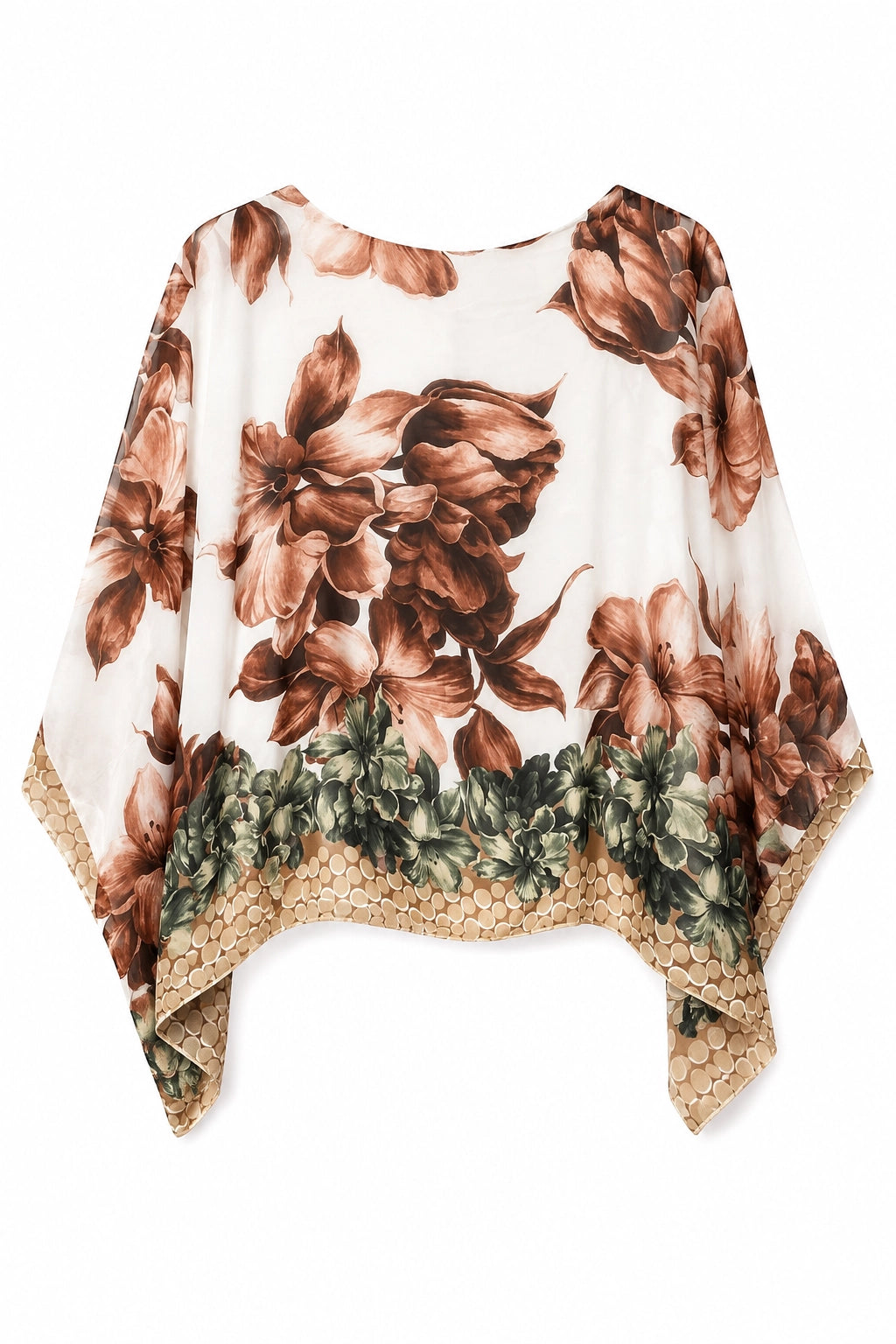 A lightweight, semi-sheer poncho-style top featuring a brown floral print on an off-white base, with a green leafy pattern along the hem and a textured beige scalloped edge.