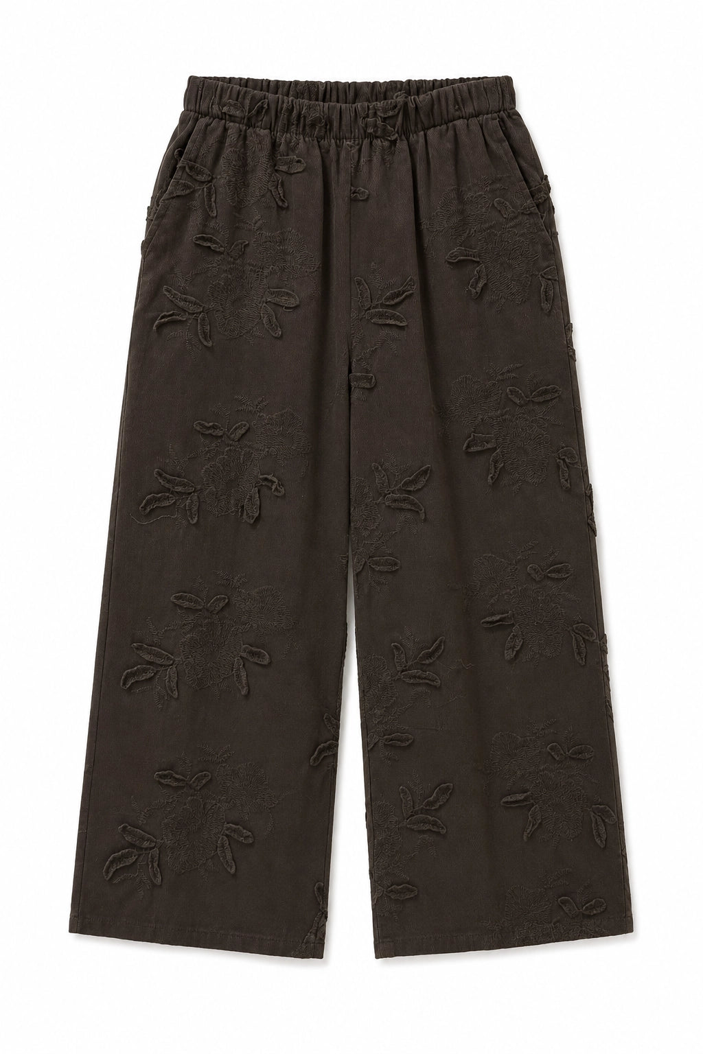 Dark brown wide-leg cropped pants with an all-over tonal floral jacquard pattern, featuring an elastic waistband.