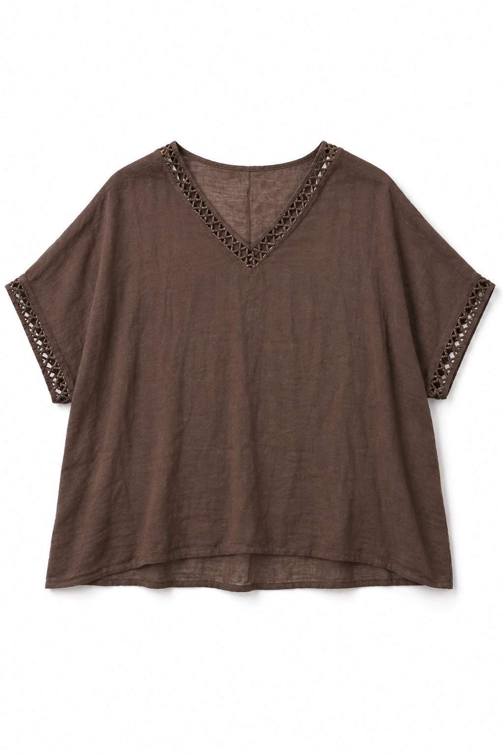 A brown short-sleeve V-neck top with decorative cutout lace trim along the neckline and sleeve cuffs, displayed flat against a white background.