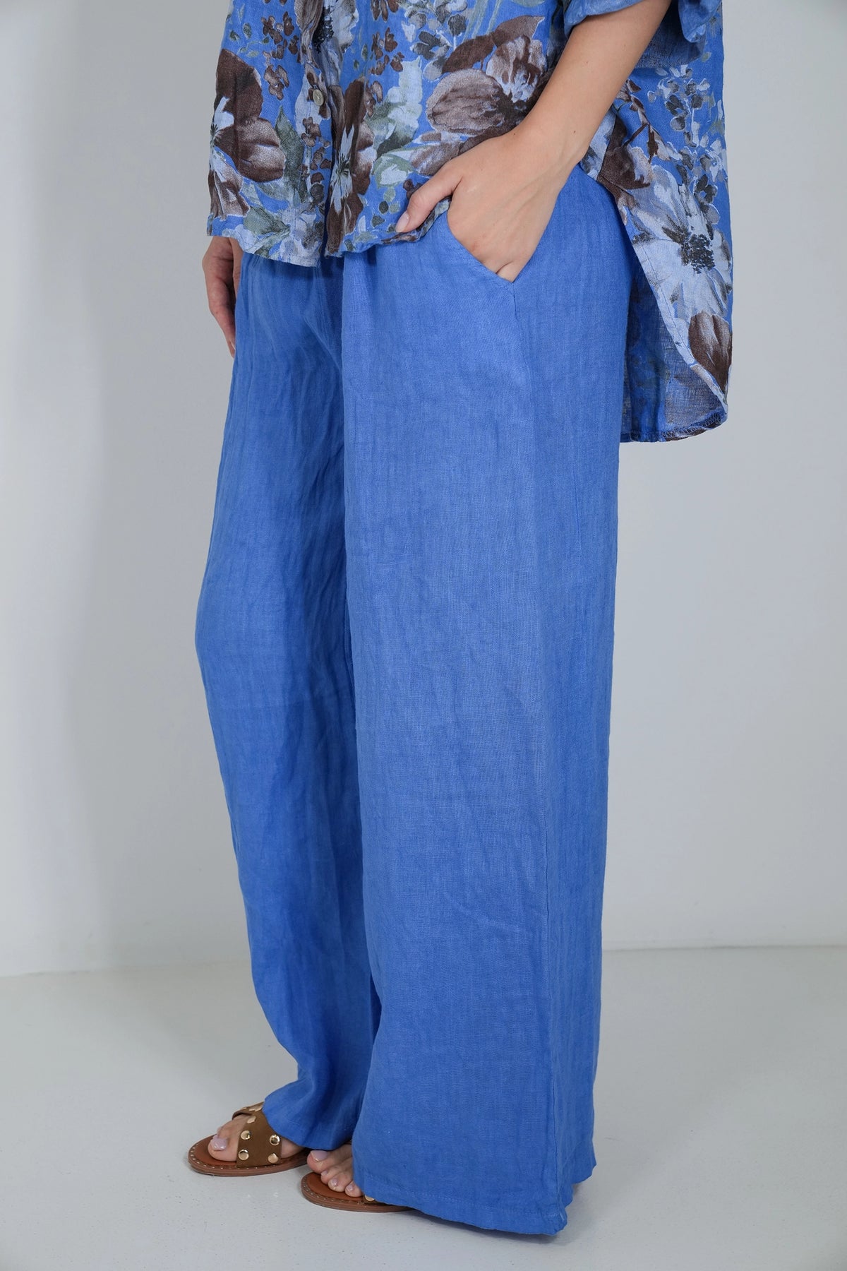 Cobalt Wide Leg Linen Pant