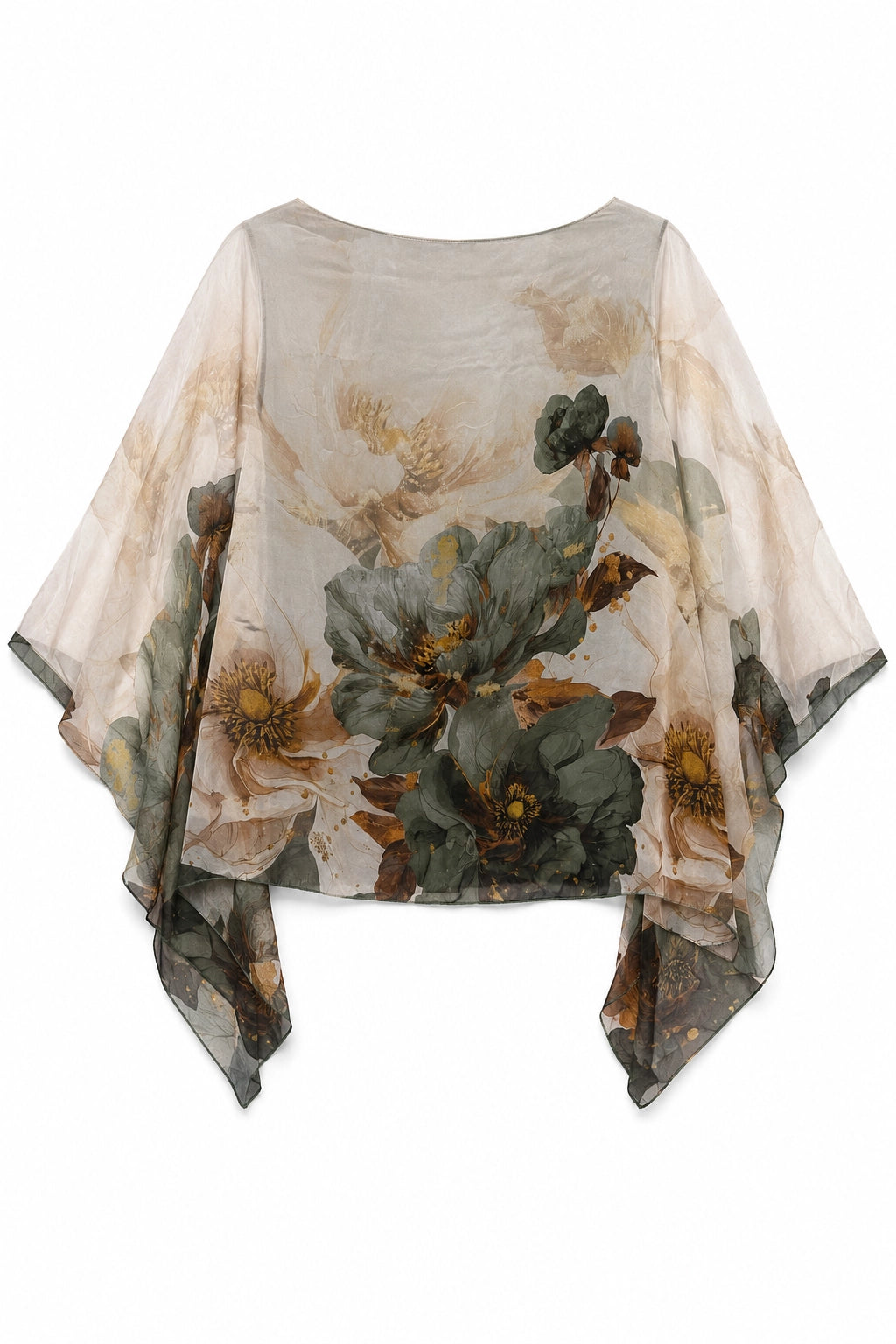 A sheer, lightweight floral poncho top in beige, brown, and dark green, displayed against a solid white background.