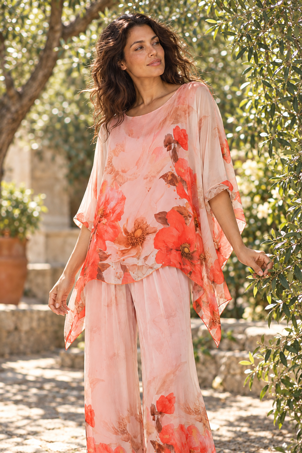 Cream and Orange Savanna Silk Poncho