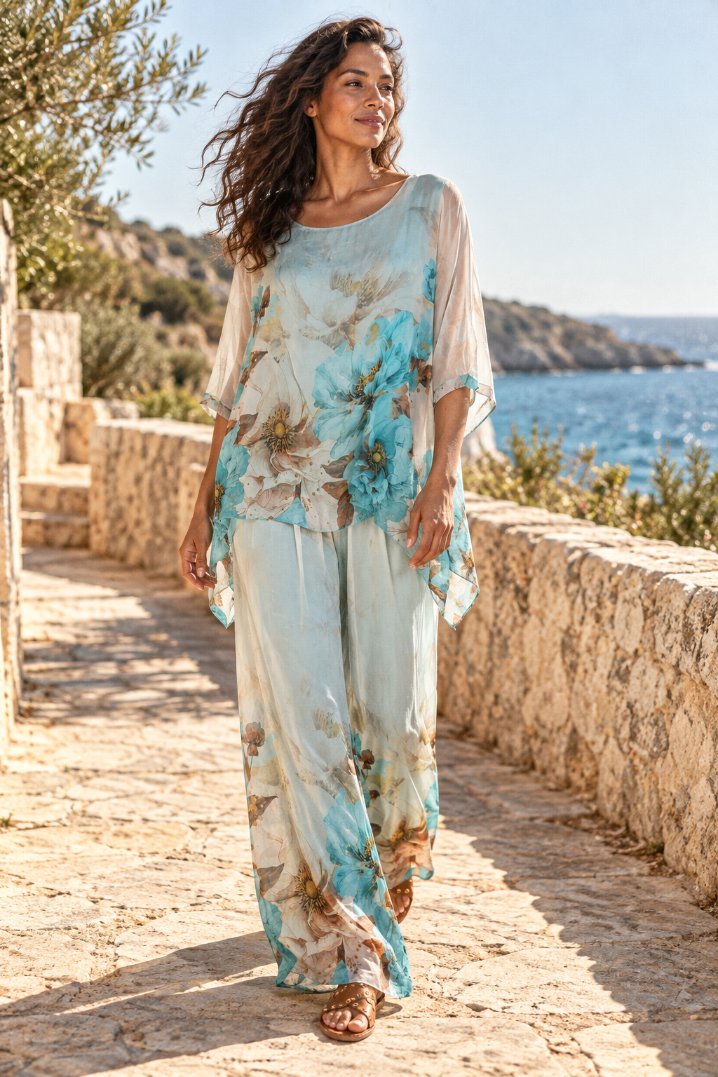 Cream and Turquoise Savanna Silk Pant