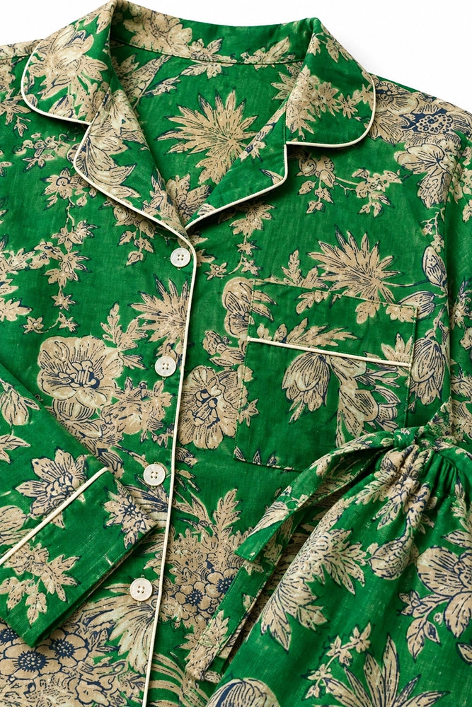Green and Taupe Floral Cotton Long Sleeve PJ In Bag