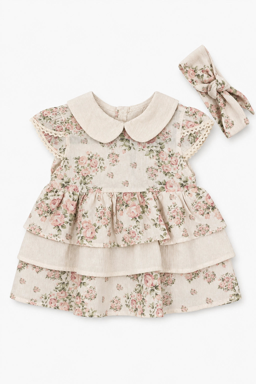 A toddler girl's tiered dress with a floral print and a matching bow headband, laid flat on a white background.