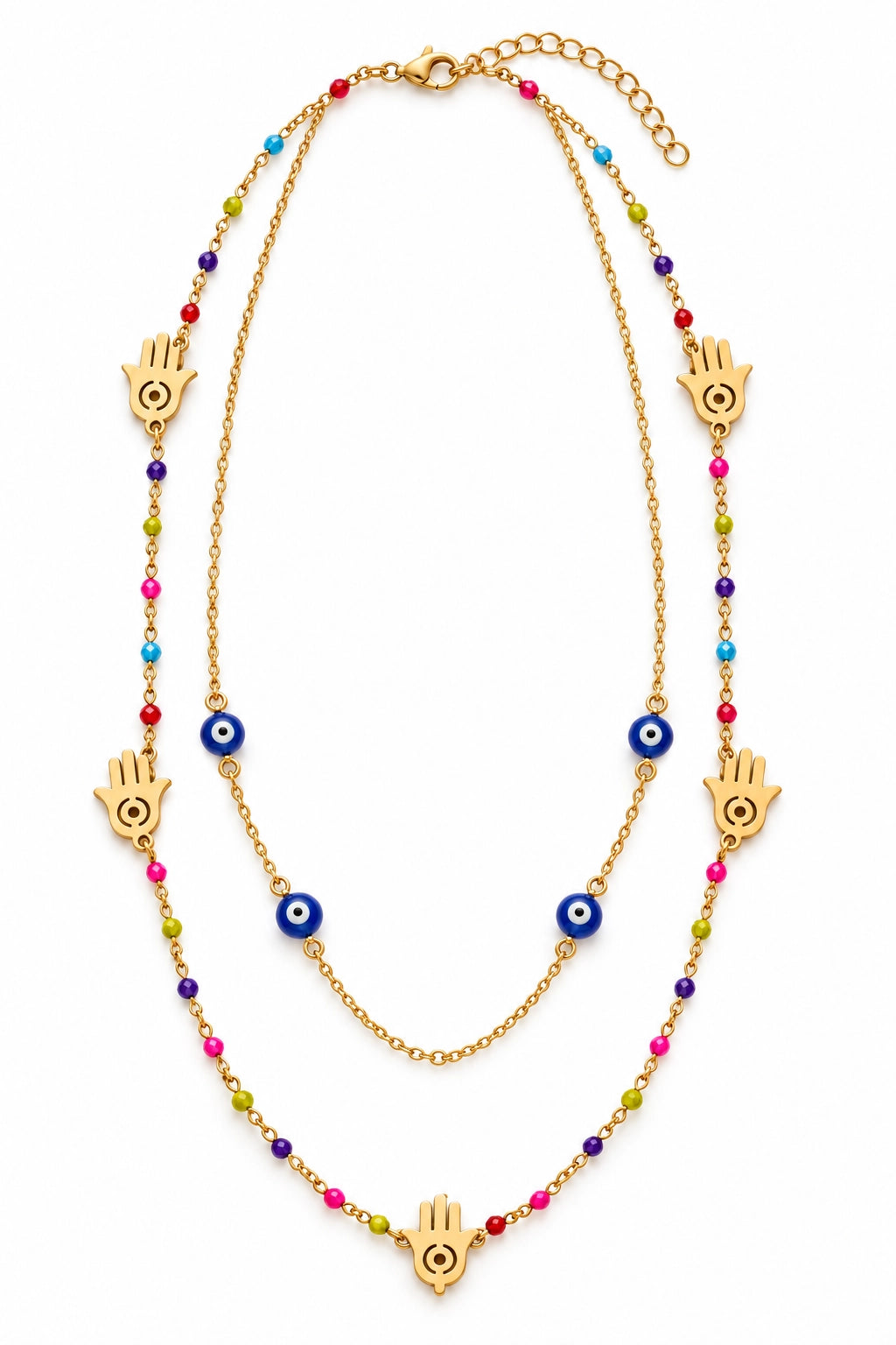 Colourful Evil Eye and Hand Charm Necklace