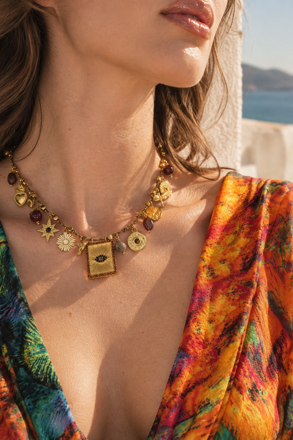 A close-up lifestyle shot of a model wearing a bohemian-style gold necklace with various charms, including a square pendant with an eye design, against a warm outdoor background.