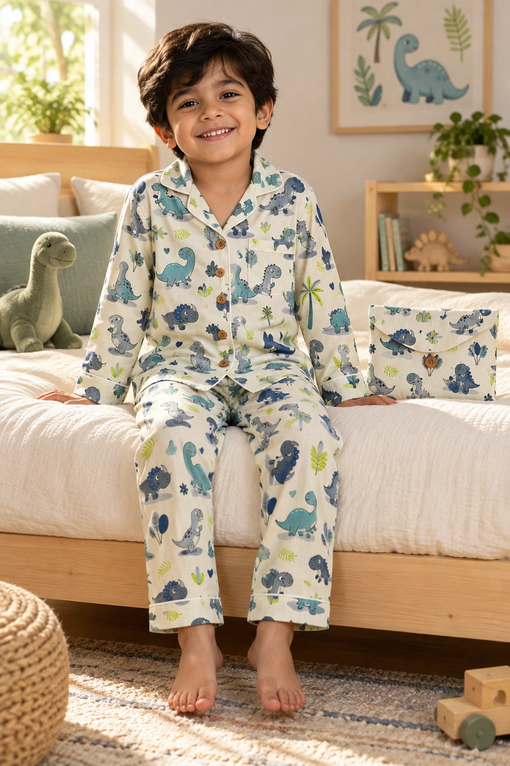 A young boy wearing a long-sleeve pajama set with a dinosaur print, sitting on a bed in a child's bedroom.