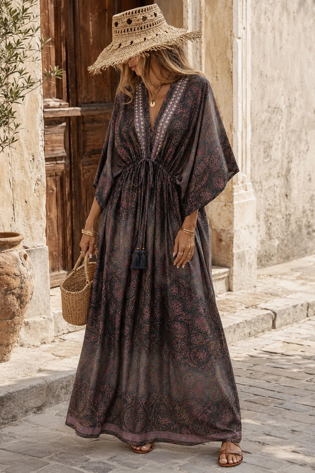 A woman wearing a bohemian-style maxi kaftan dress with a dark brown and purple floral pattern, a matching straw hat, and carrying a woven basket bag, standing on a stone street.