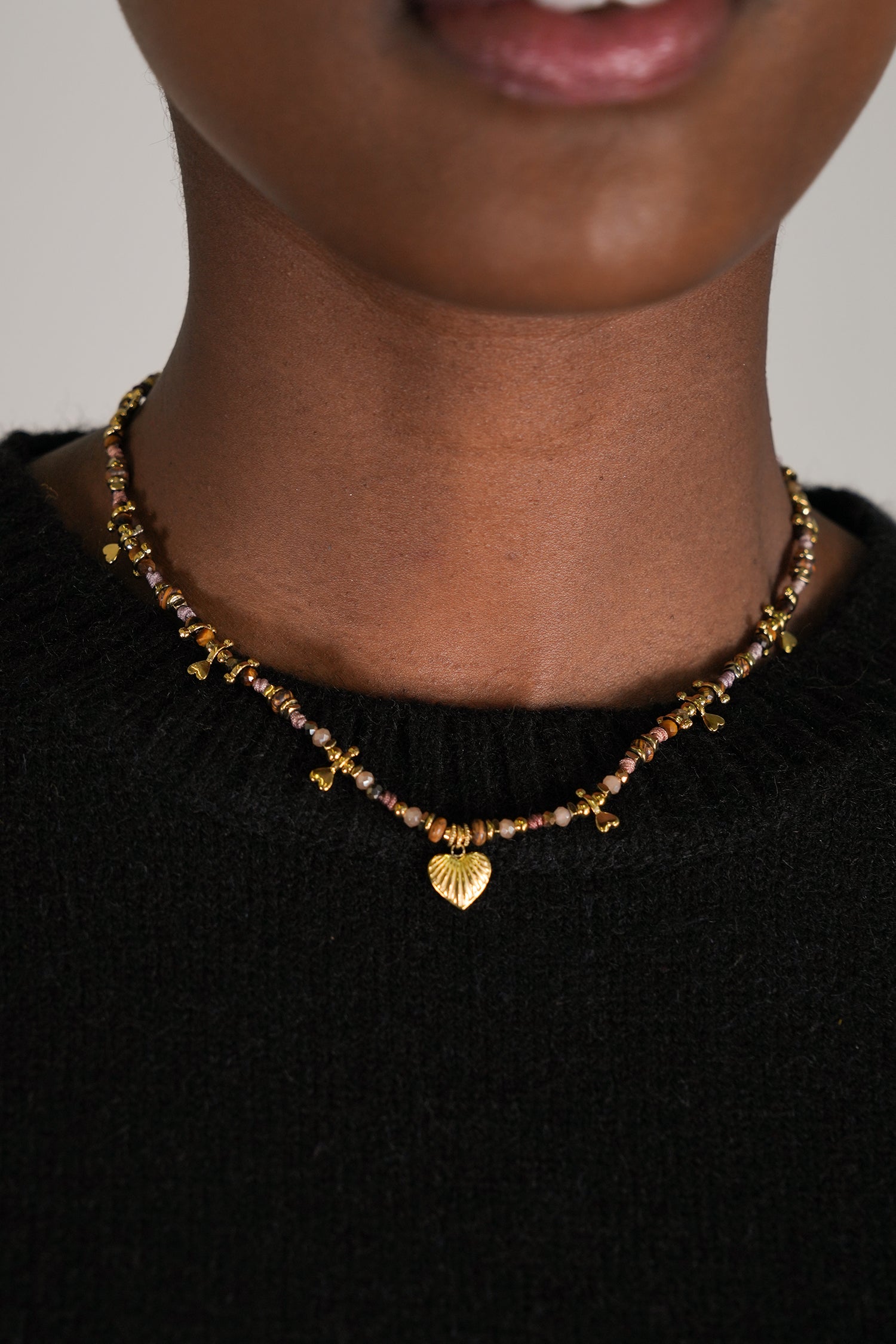 Taupe Beaded Heart Drop Necklace