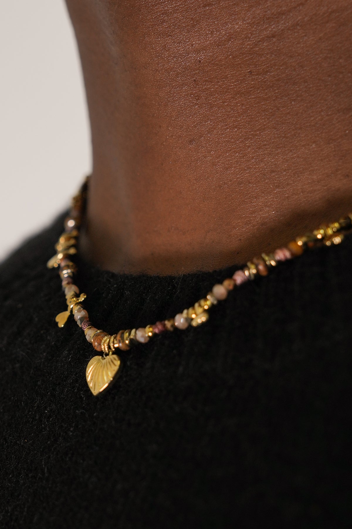 Taupe Beaded Heart Drop Necklace