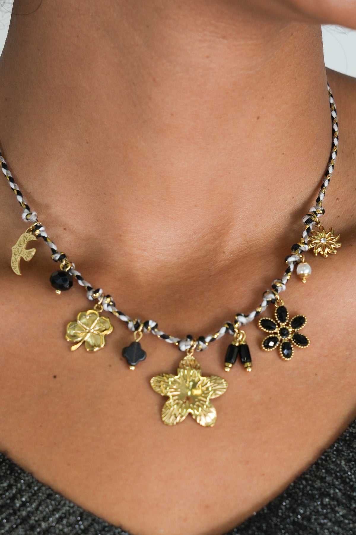 Black Flower Charm Necklace