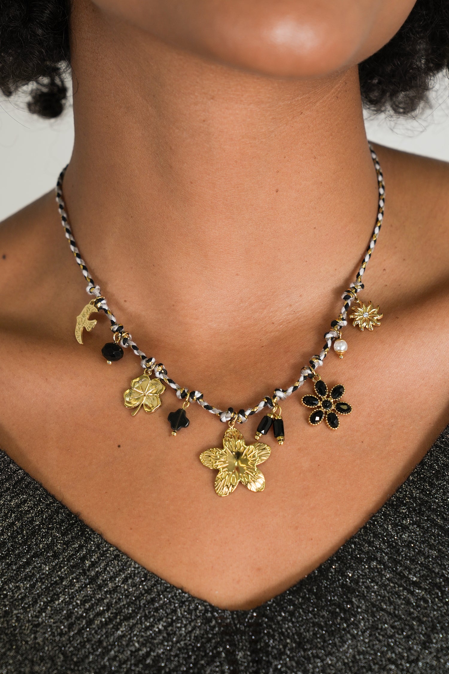 Black Flower Charm Necklace