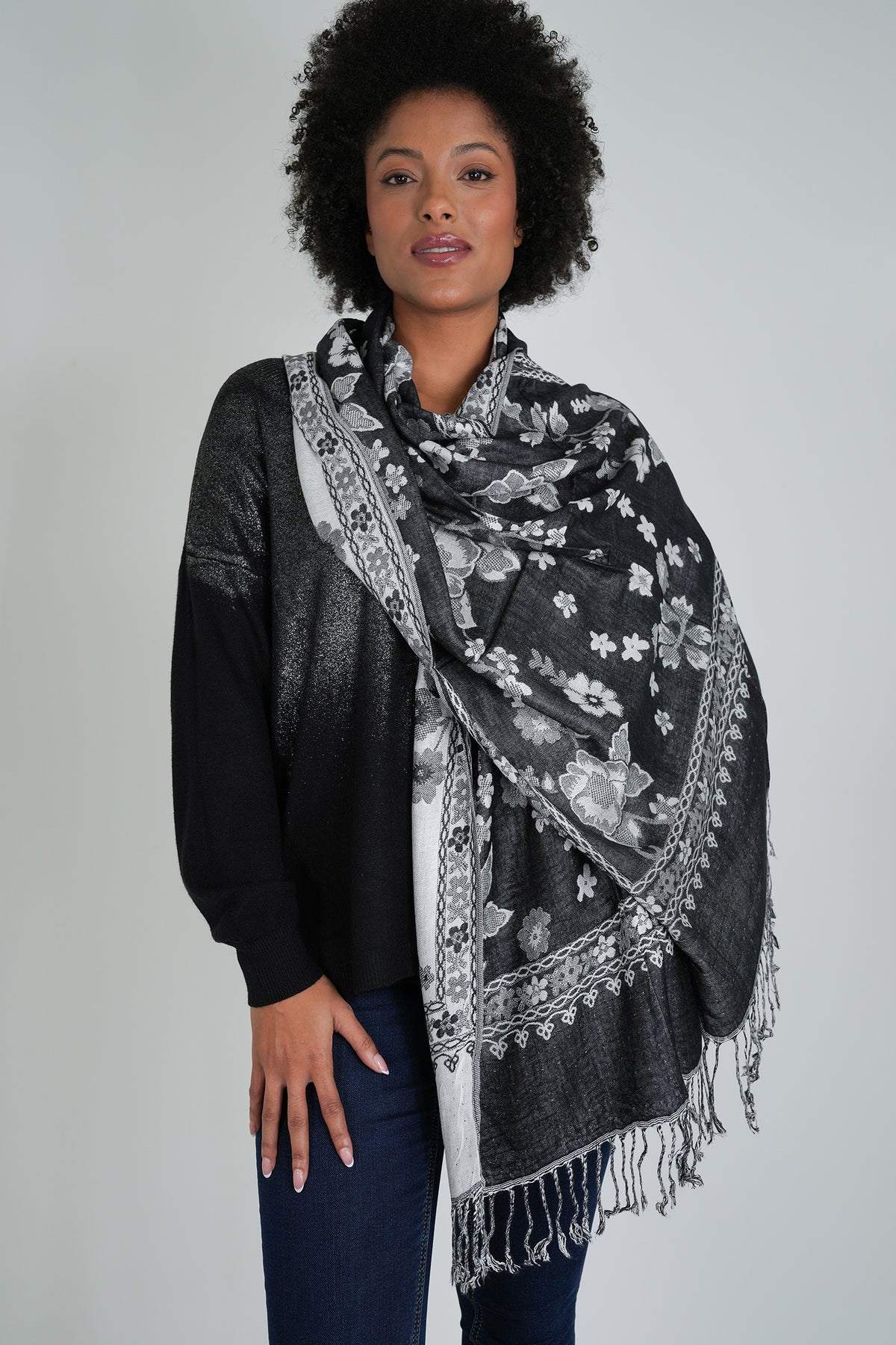 Black and White Floral Winter Scarf