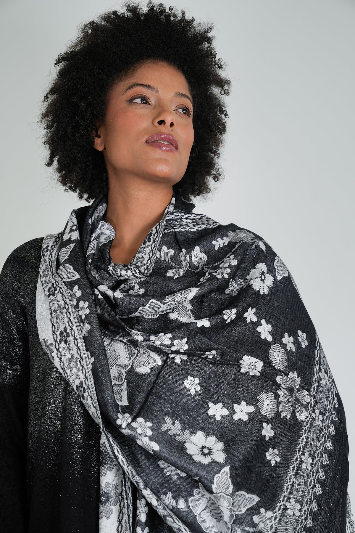 Black and White Floral Winter Scarf