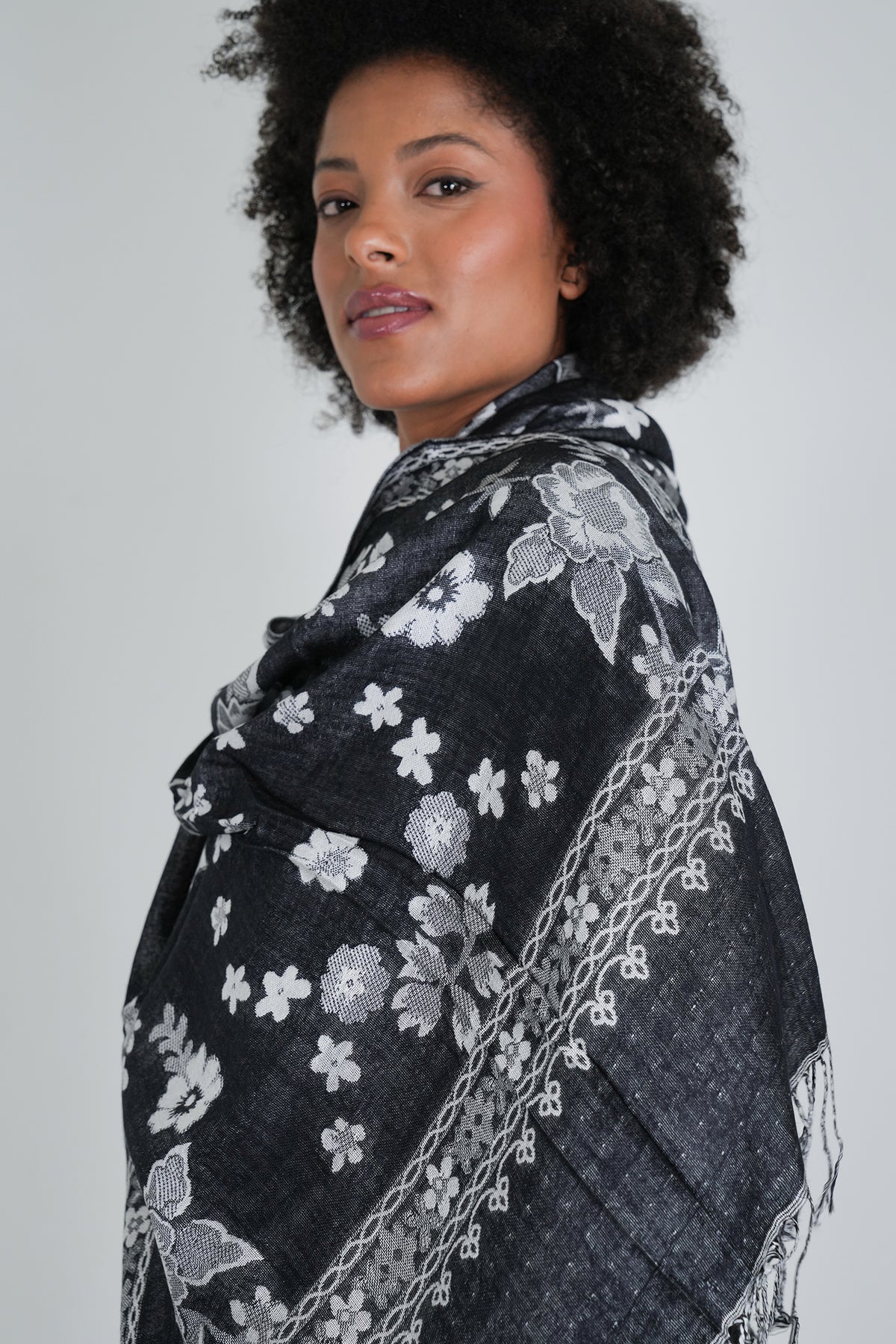 Black and White Floral Winter Scarf