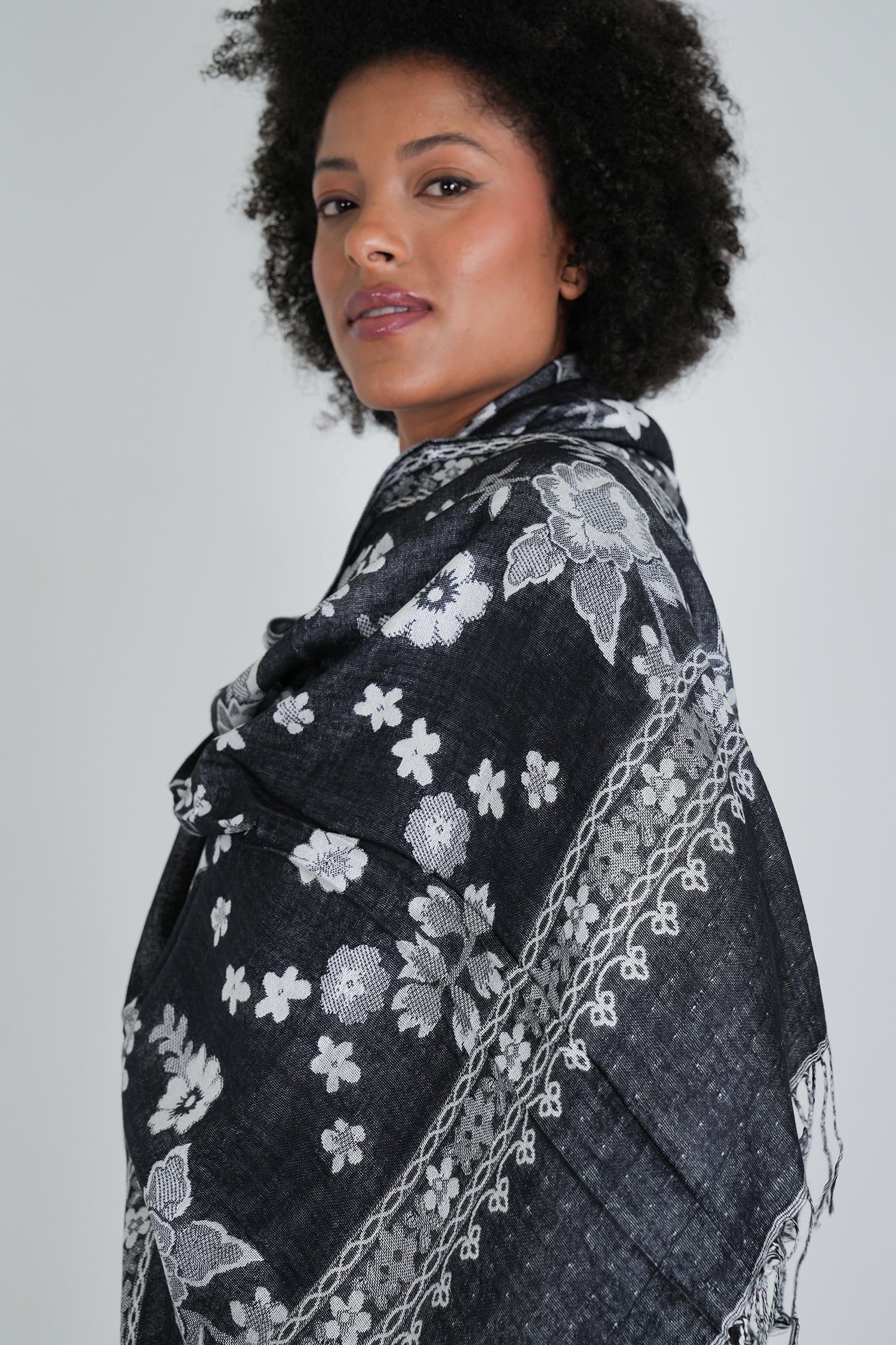 Black and White Floral Winter Scarf