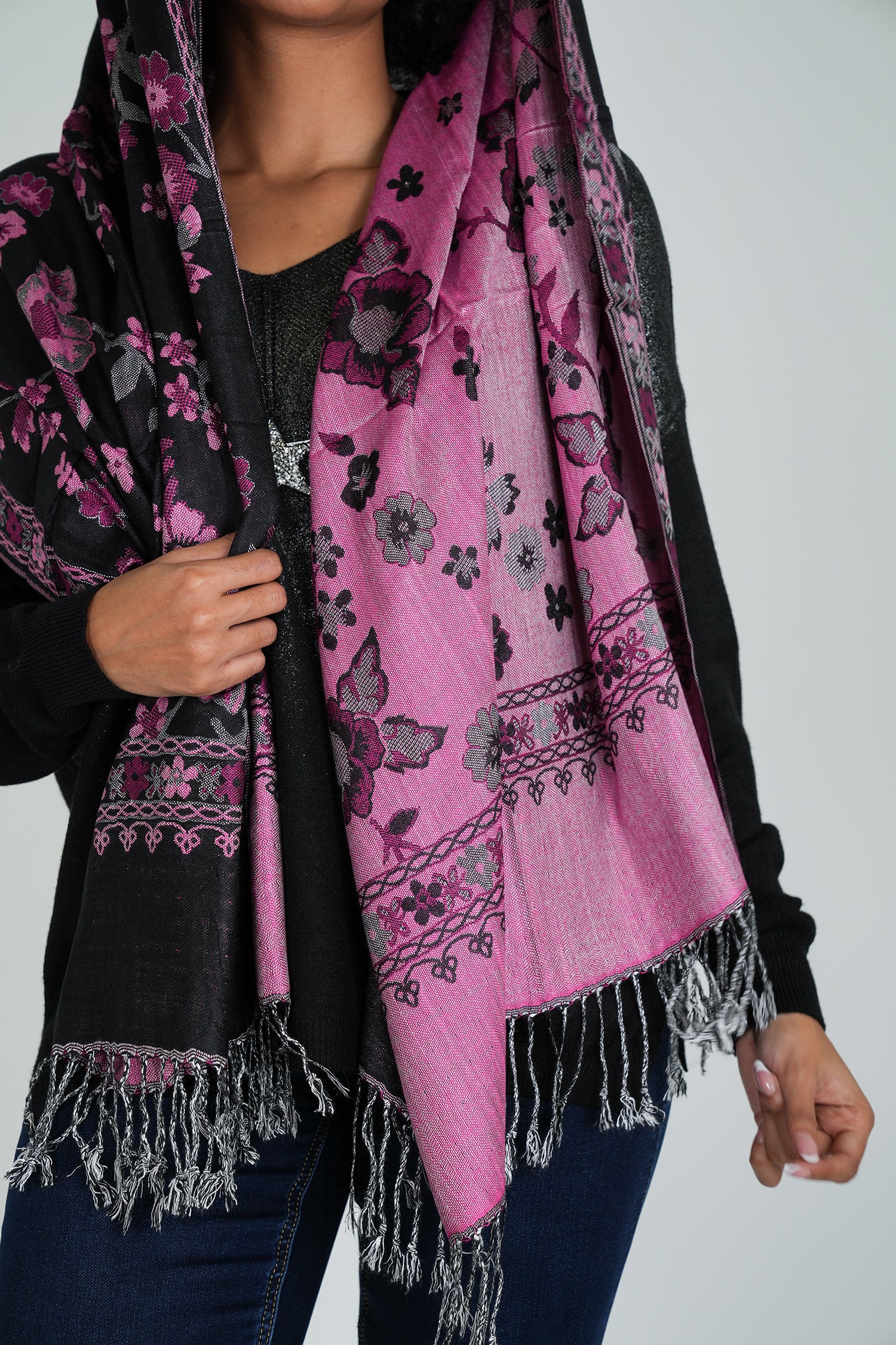 Black and Pink Floral Winter Scarf