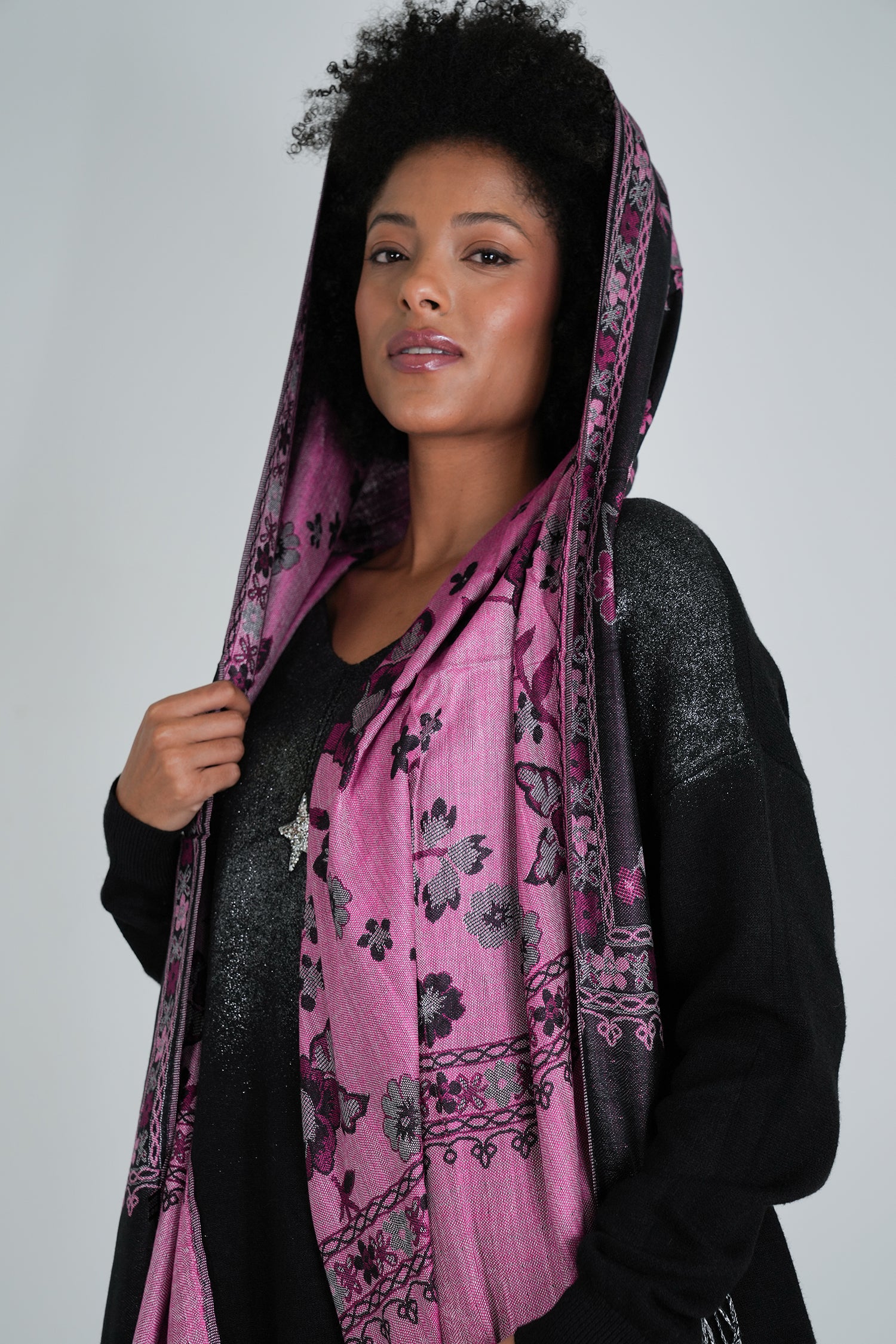 Black and Pink Floral Winter Scarf