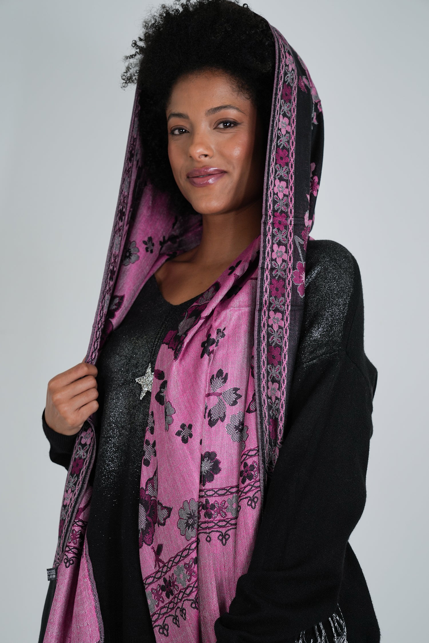 Black and Pink Floral Winter Scarf