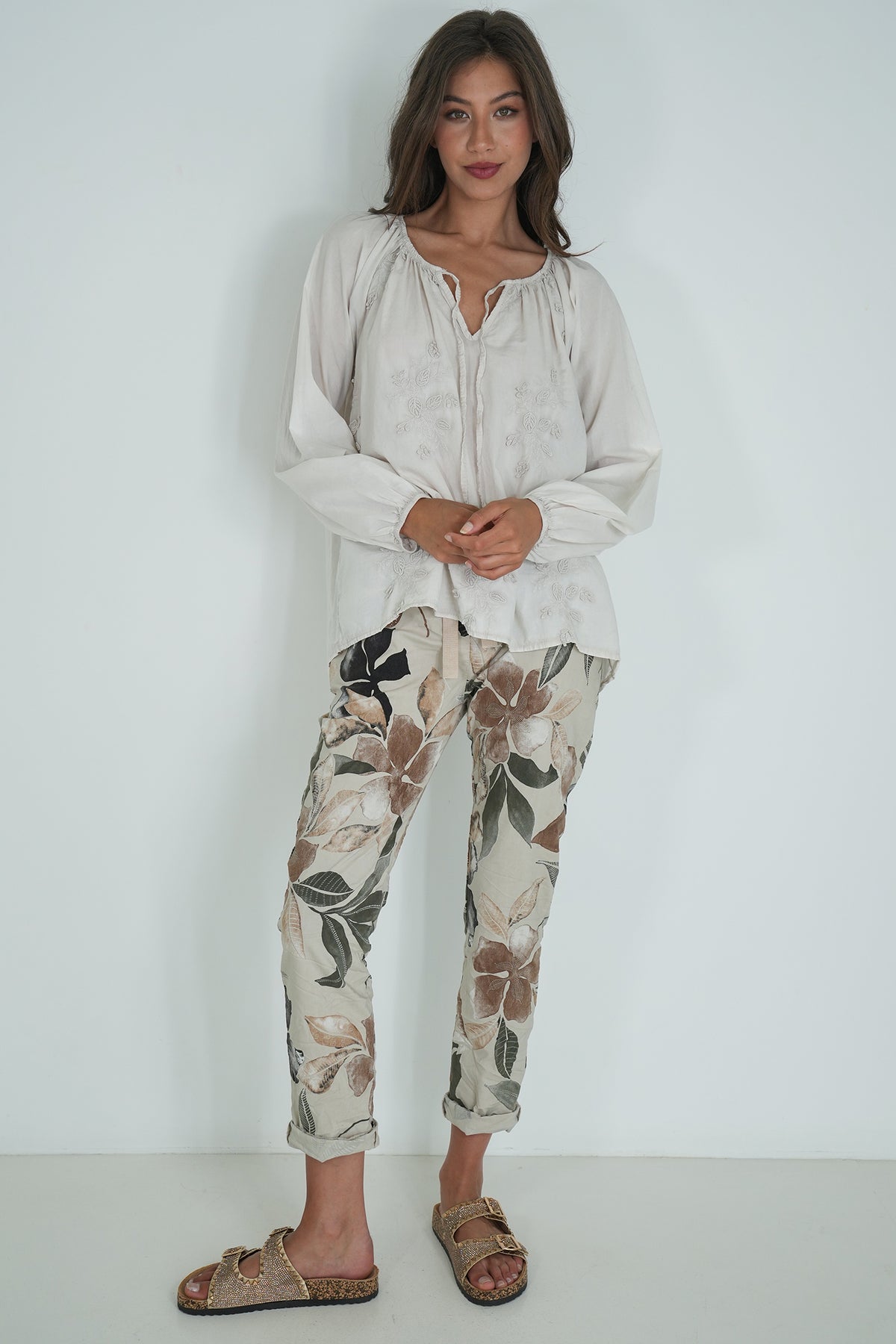 Taupe Embroidered Peasant Blouse