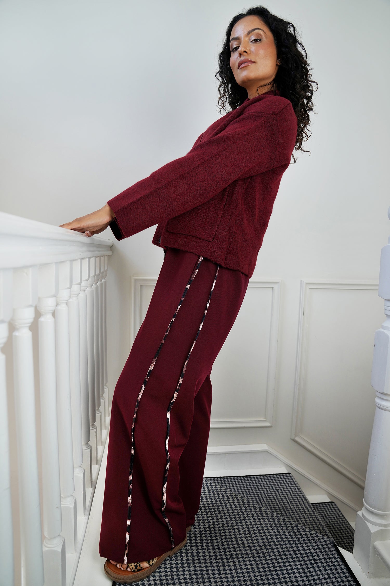 Burgundy Leopard Trim Pant