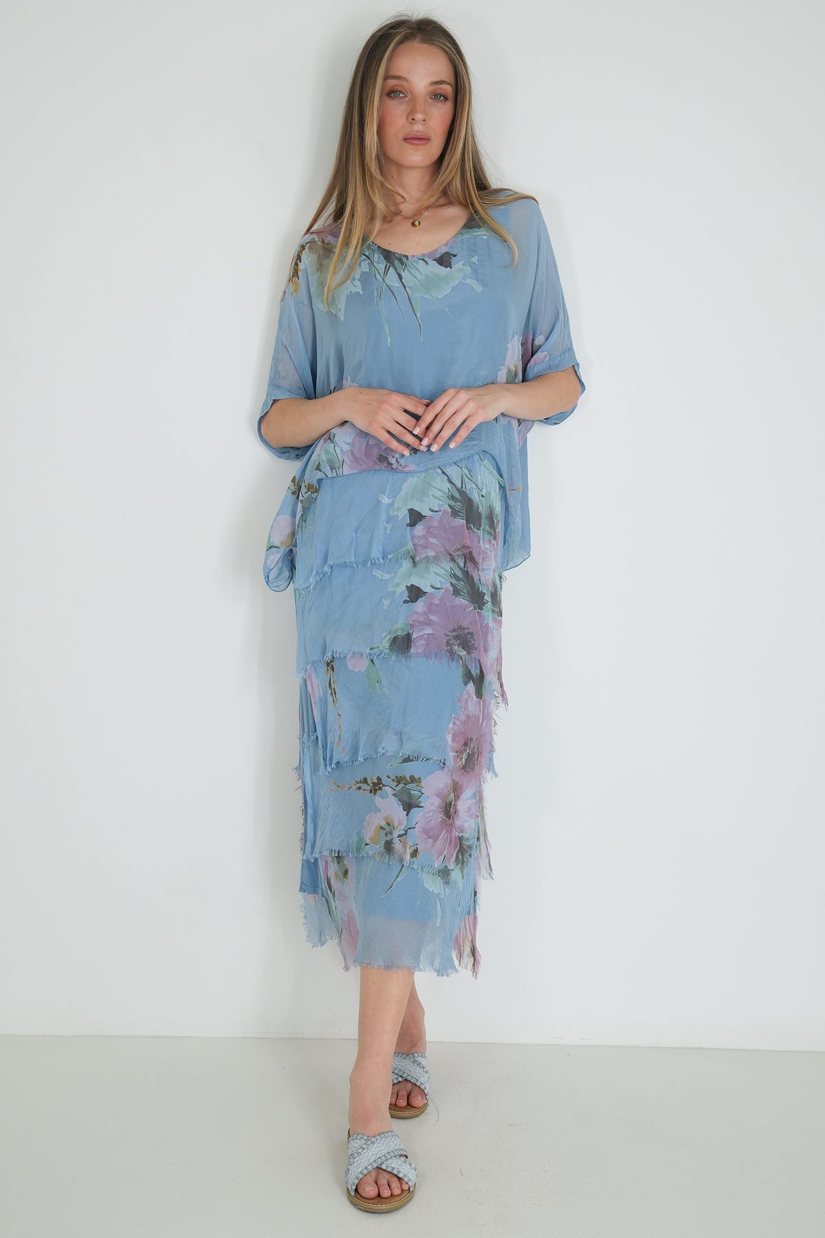 Blue Floral Silk Tier Dress