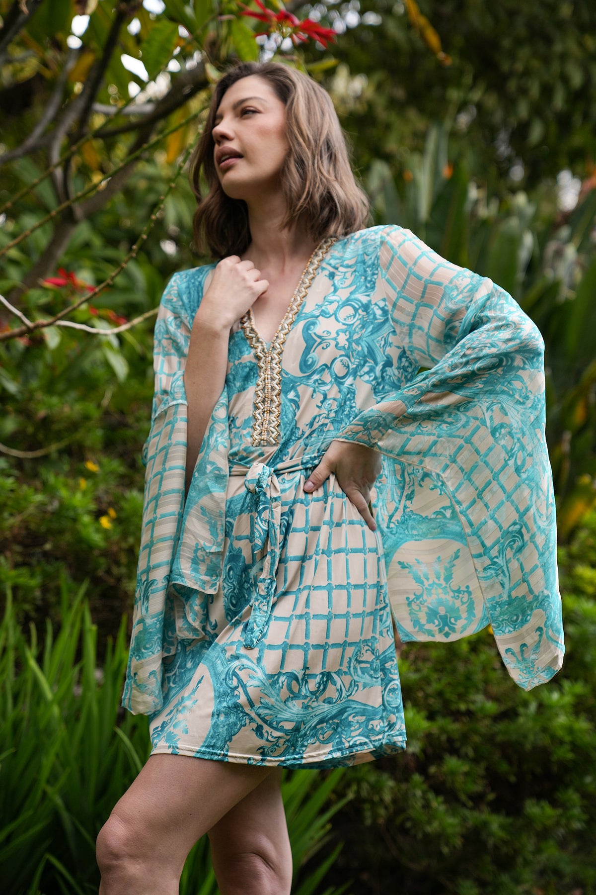 Cream and Turquoise Floral St Tropez Tunic Dress