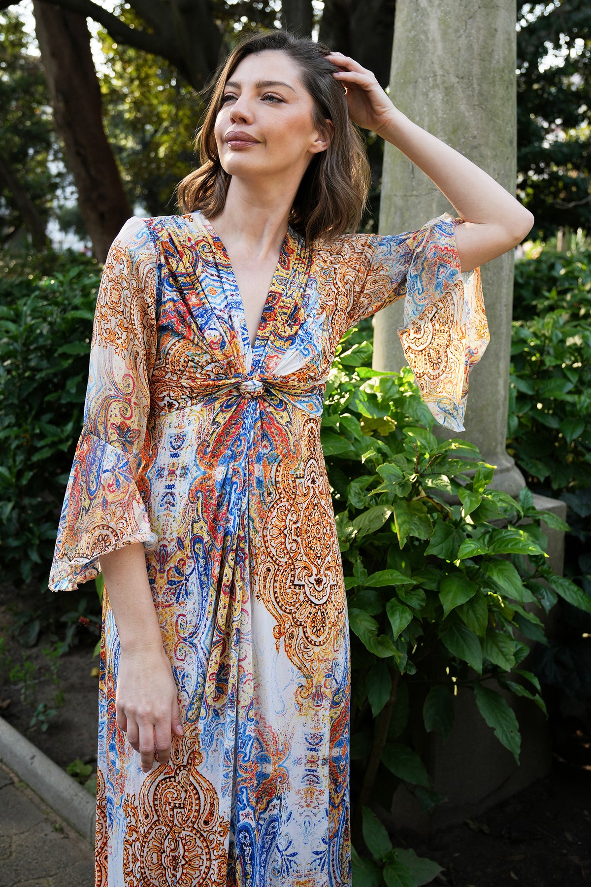 Blue and Yellow Paisley Knot Dress With Sleeves