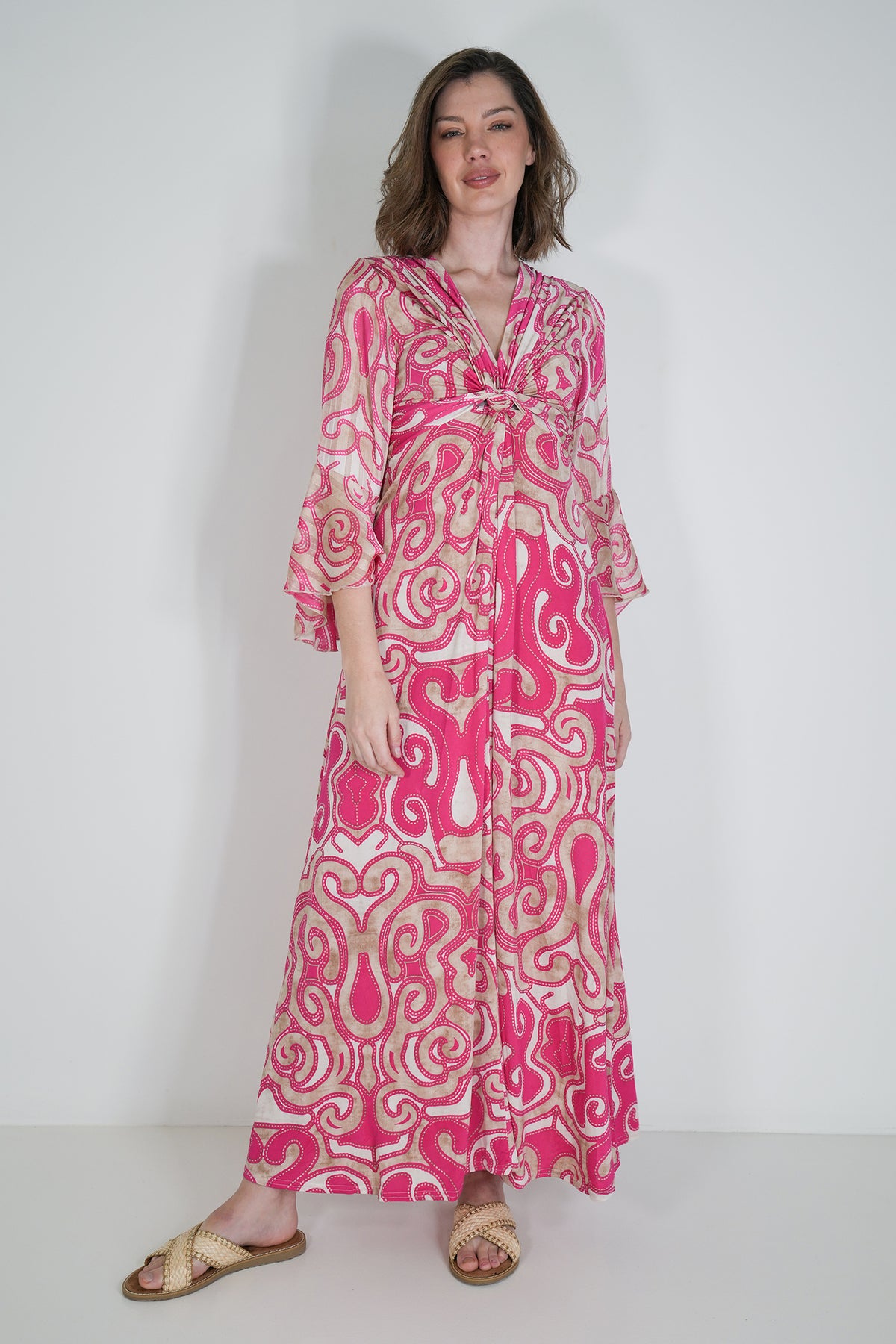 Taupe and Pink Geometric Knot Dress With Sleeves