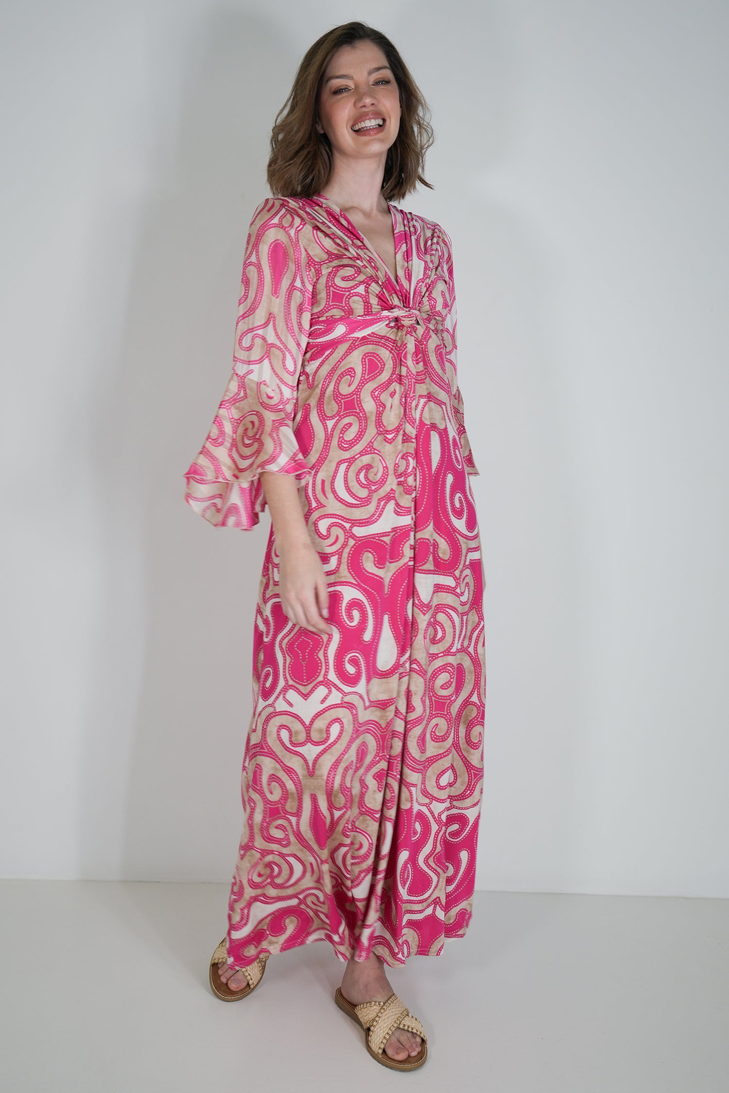 Taupe and Pink Geometric Knot Dress With Sleeves