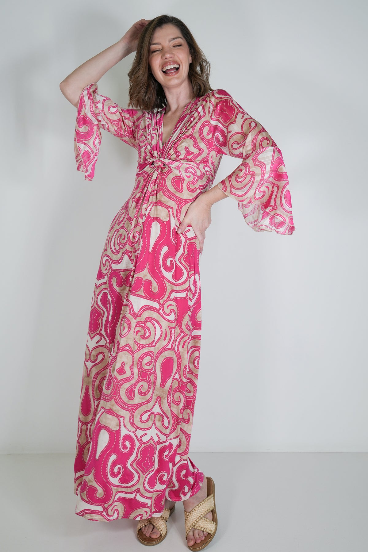 Taupe and Pink Geometric Knot Dress With Sleeves