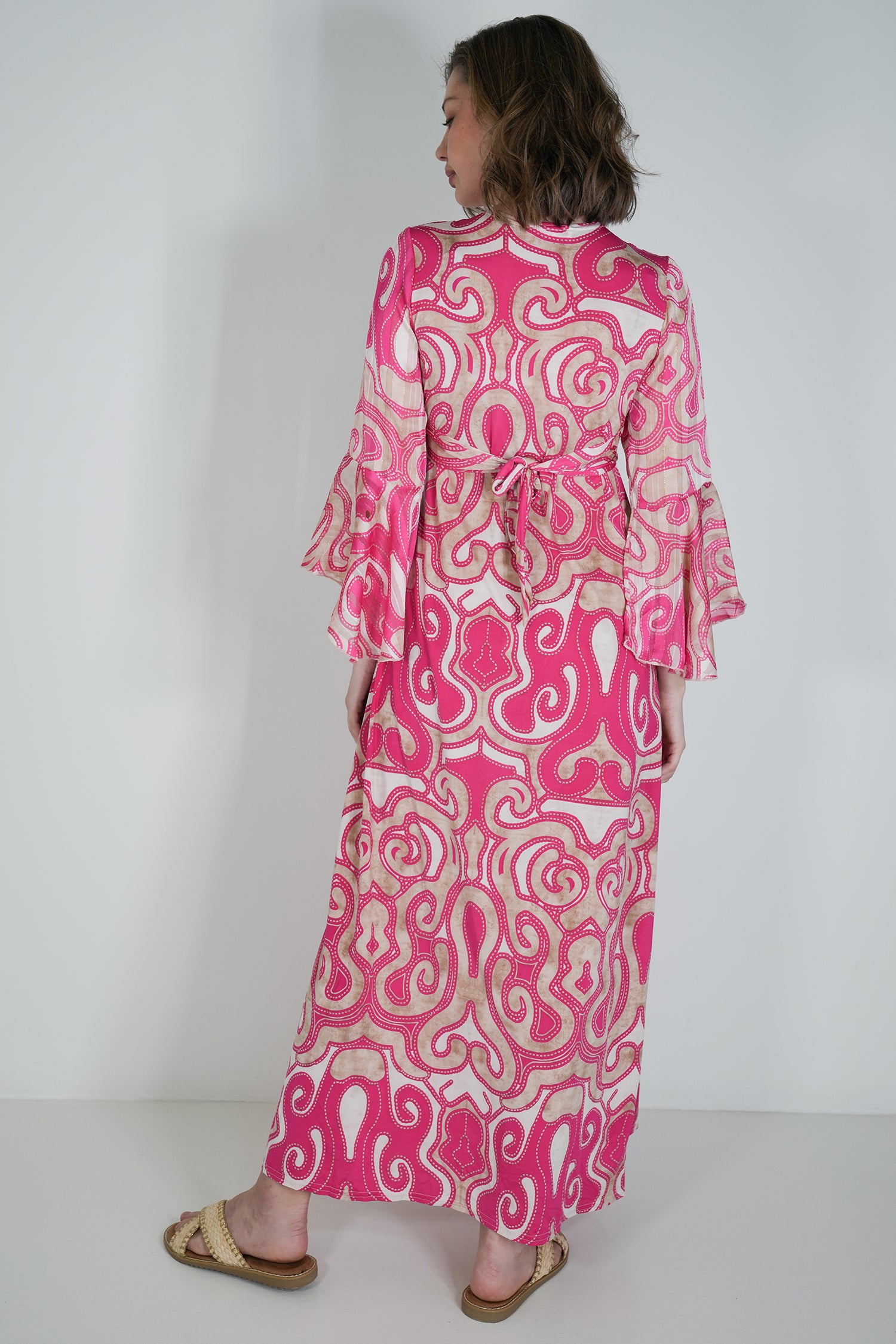 Taupe and Pink Geometric Knot Dress With Sleeves