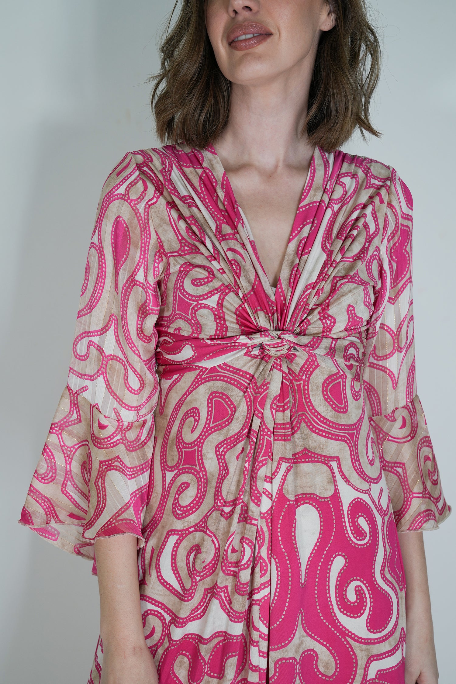 Taupe and Pink Geometric Knot Dress With Sleeves