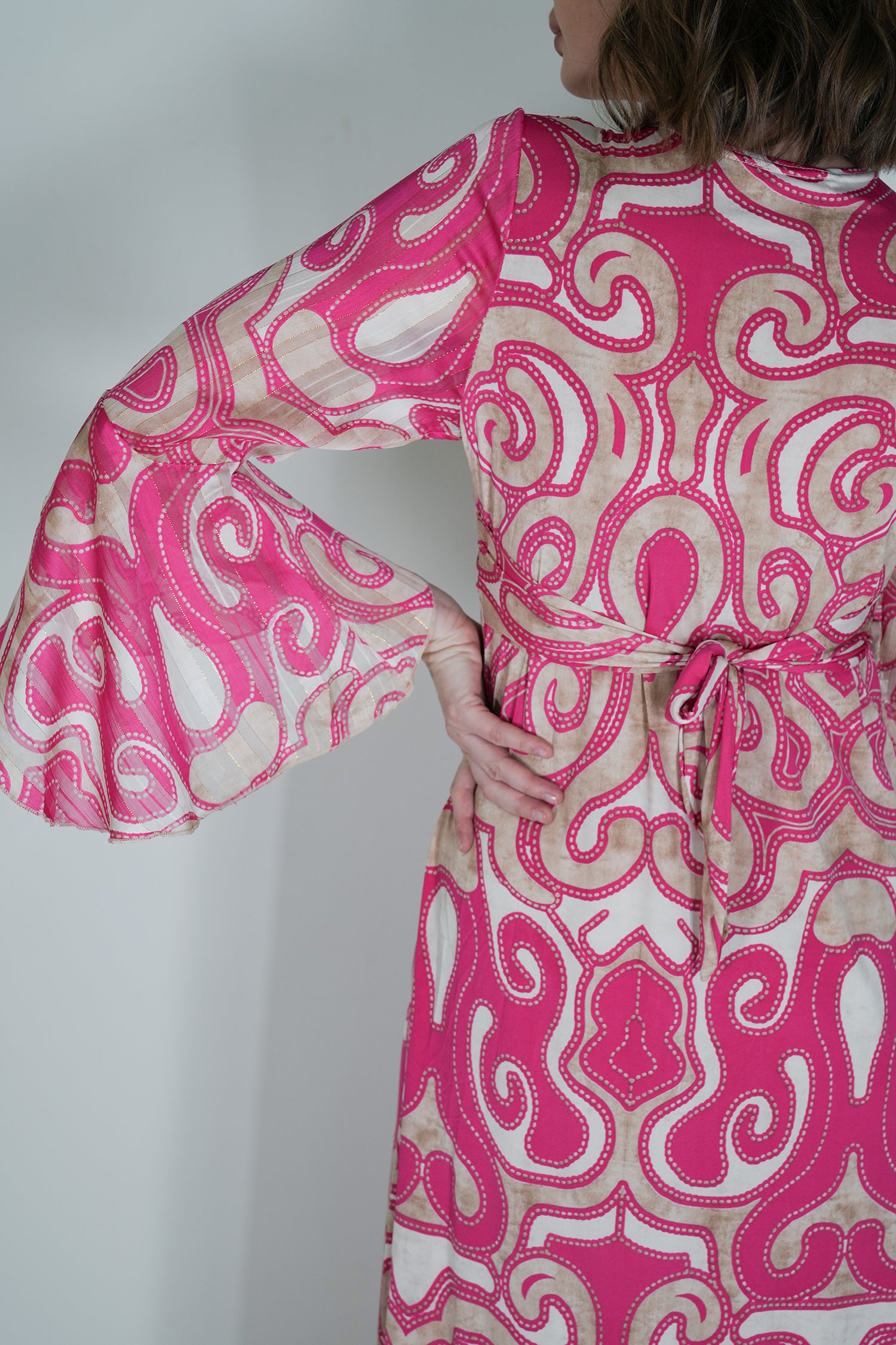 Taupe and Pink Geometric Knot Dress With Sleeves