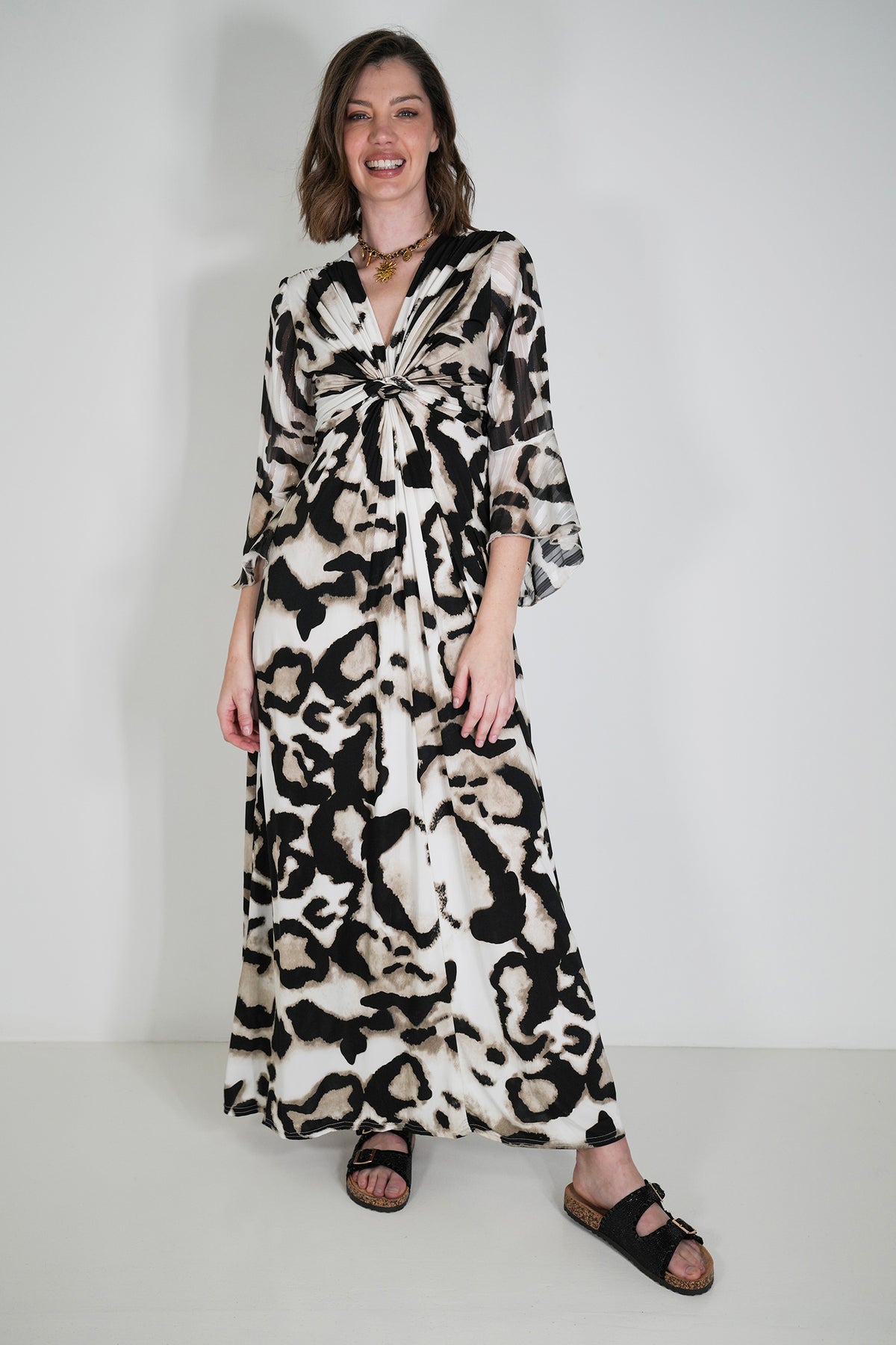 Monochrome Animal Print Knot Dress With Sleeves