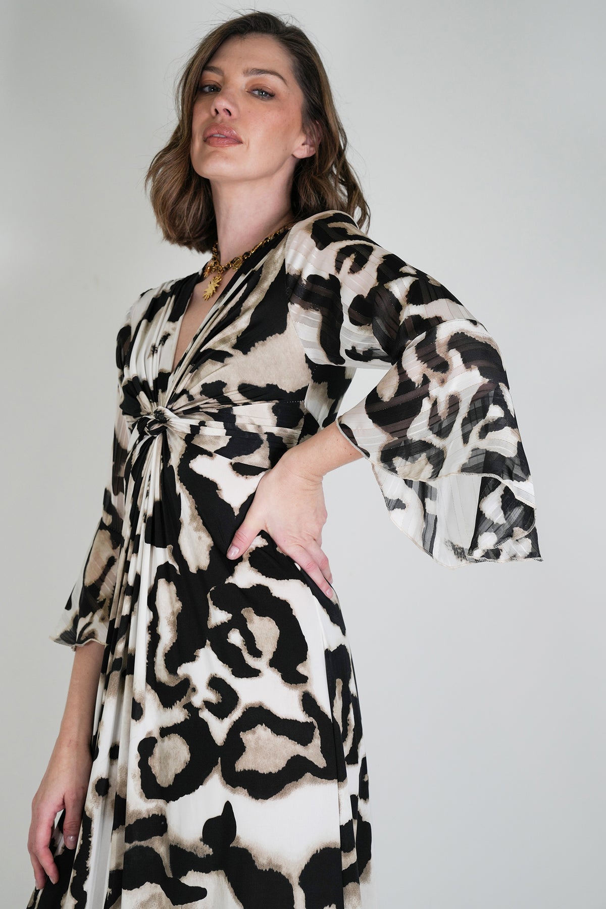 Monochrome Animal Print Knot Dress With Sleeves