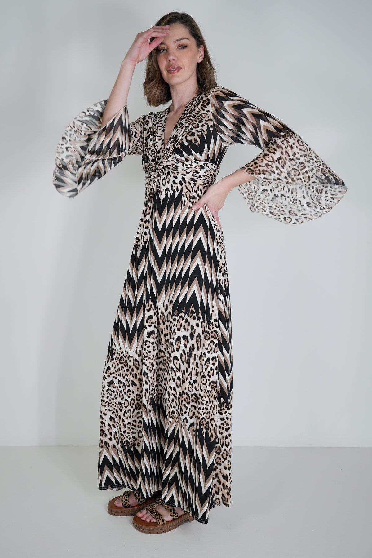 Leopard Zigzag Knot Dress With Sleeves